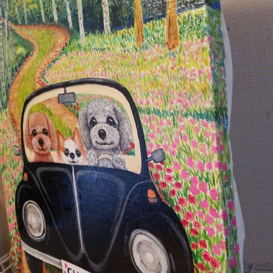 油絵 Yumiko ワーゲンに乗る犬の家族