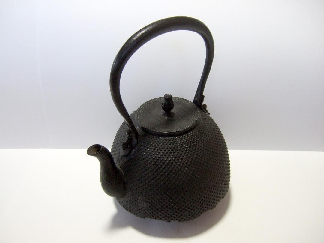 真正南部 雅泉 鬼面鐶付 虫喰摘み あられ紋 鉄瓶 在銘 南部型