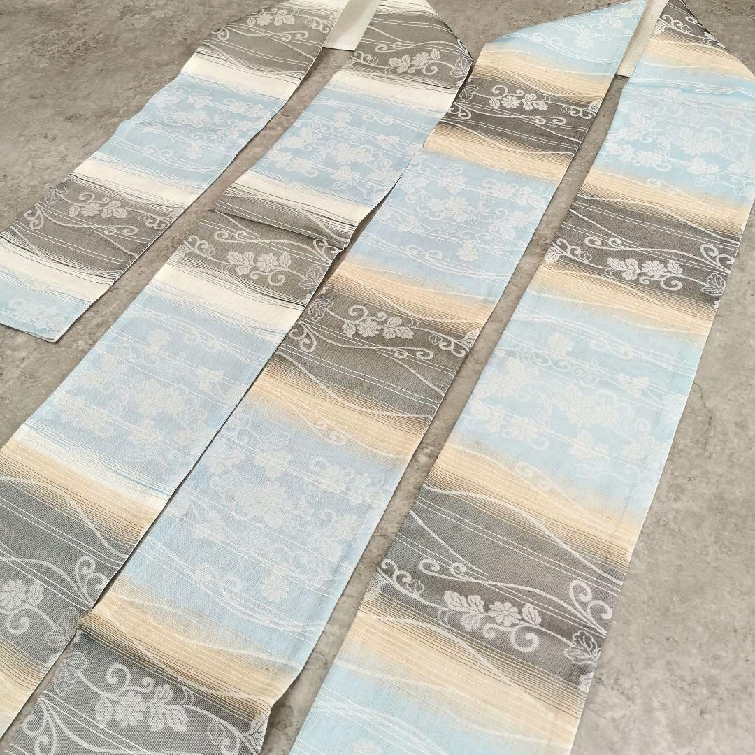 【一点物×一生モノ】正絹 紋紗の半幅帯 リバーシブル 水色 グレー 涼しげ