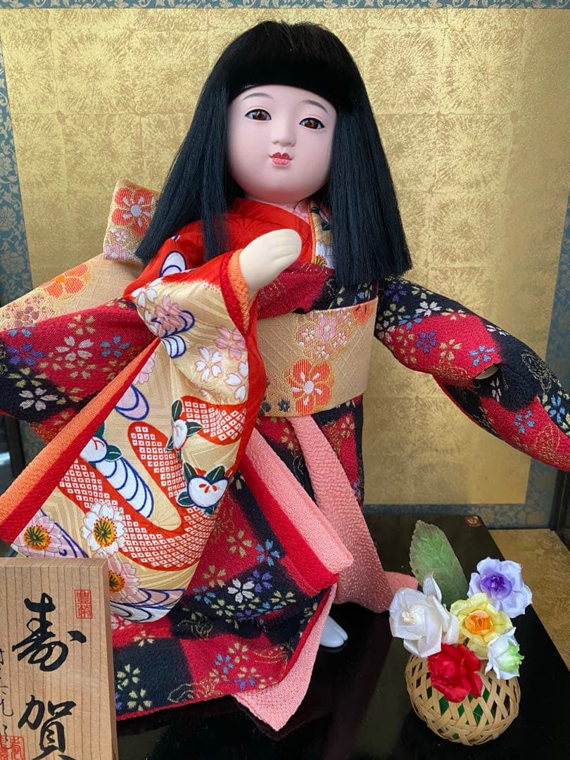 寿美礼作 日本人形 寿賀 ガラスケース入り 着物人形 伝統工芸品 ガラスケース付