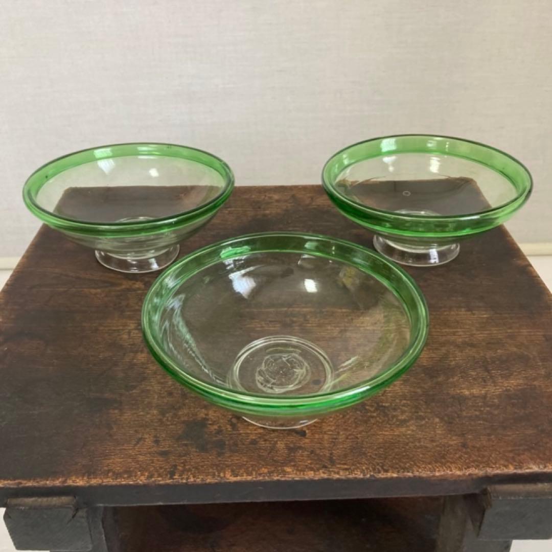 古いガラス鉢 かき氷 カップ ボウル 食器 花器 グリーン 3点 骨董 レトロ