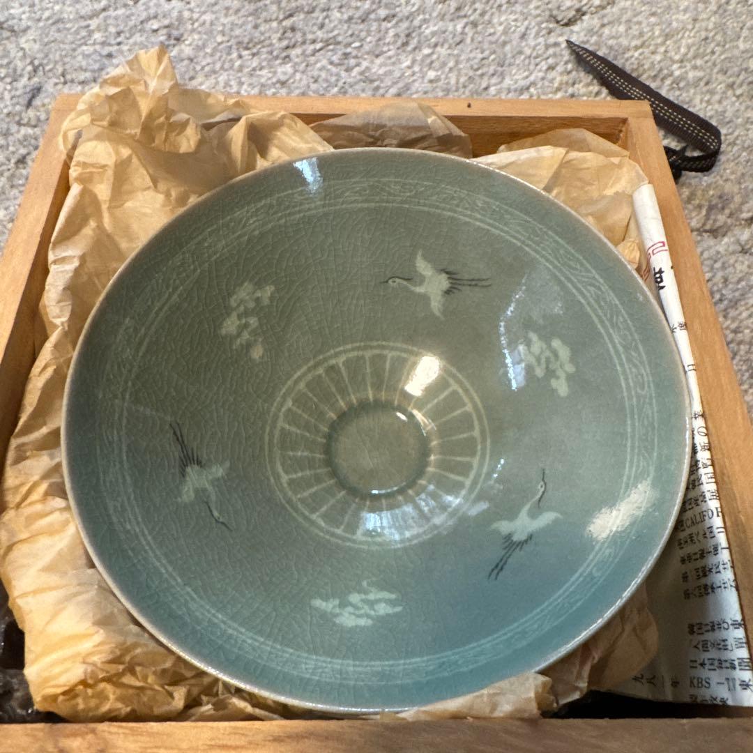 緑色 鶴模様 茶碗