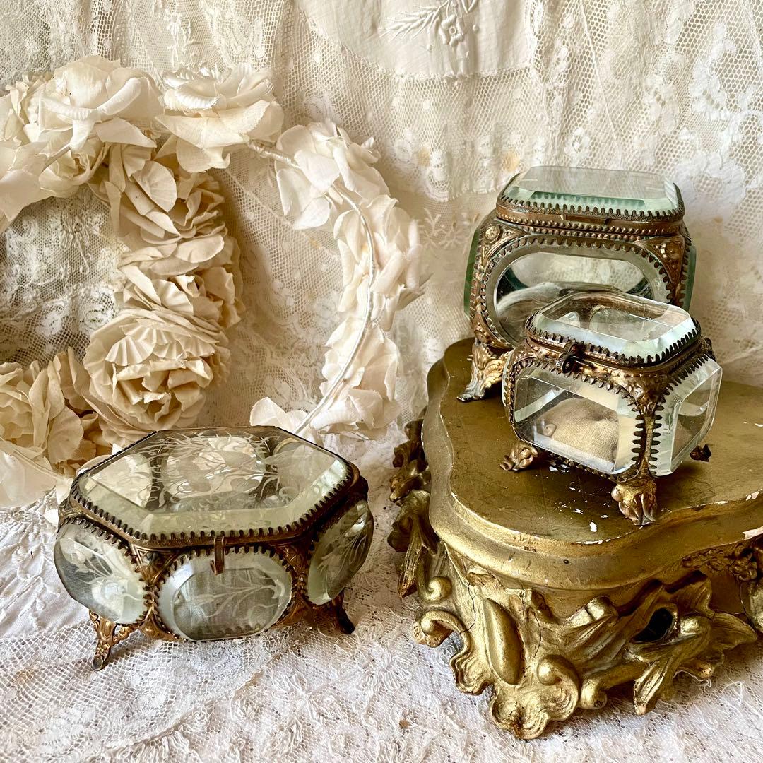 6角形ベベルガラスジュエリーボックス　アクセサリーケース　フランスアンティーク