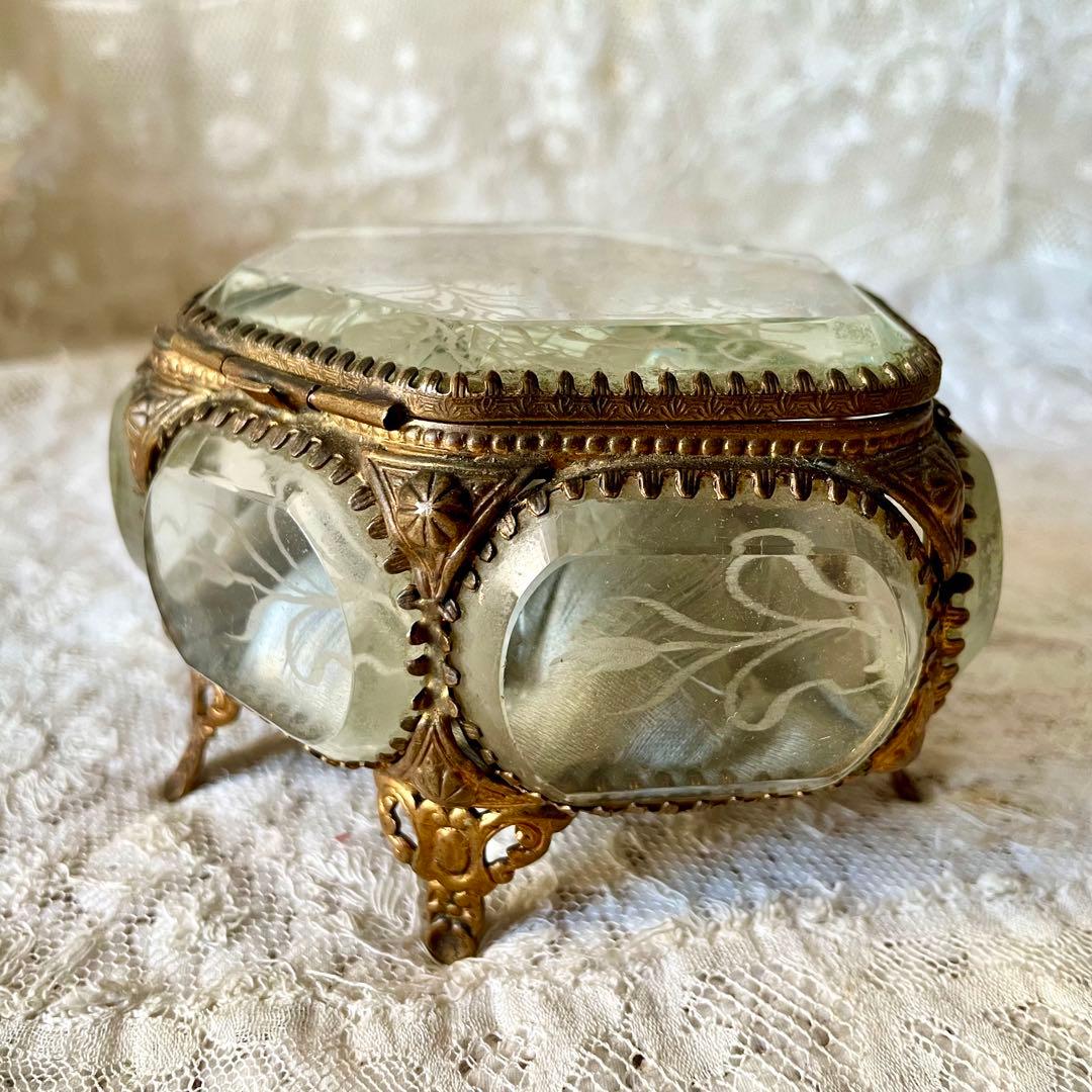 6角形ベベルガラスジュエリーボックス　アクセサリーケース　フランスアンティーク