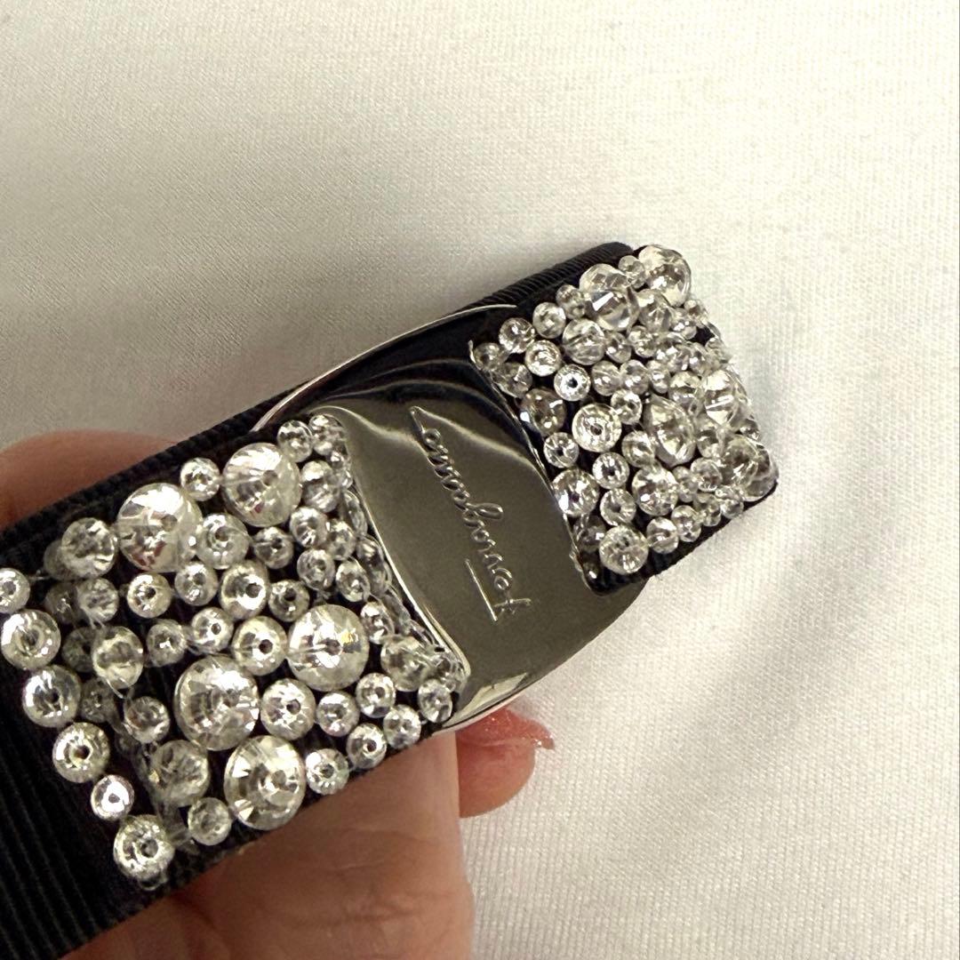 極美品フェラガモ バレッタ ビジュー ラインストーン シルバー リボン スワロ