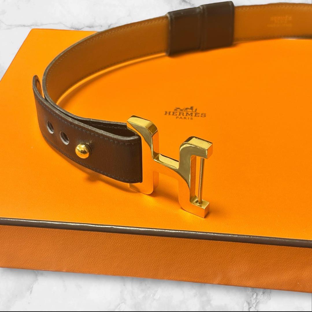 極美品✨HERMES エルメス H バックル ベルト レザー ブラック ゴールド