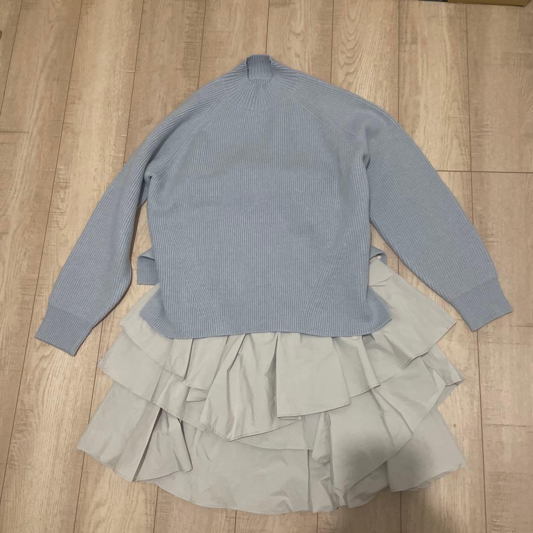 ライトブルー ニット フリルスカート セット