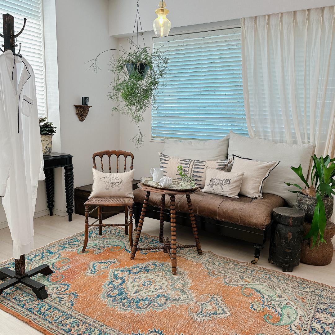 トルコ ヴィンテージラグ A79 大判 オレンジ ターコイズ ネイビー