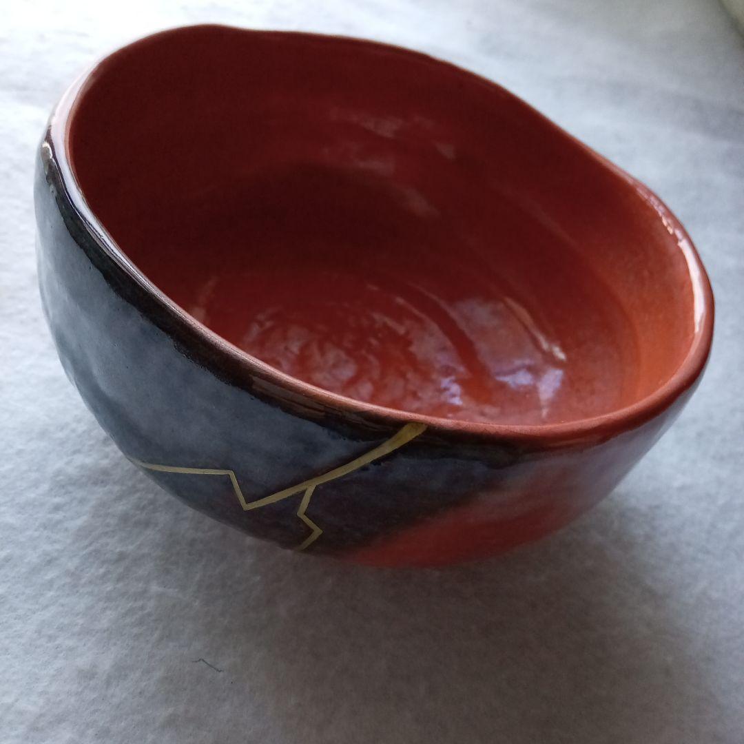 伊東桂楽　稲妻絵 赤楽平茶碗　桂窯　真田紐　茶道具