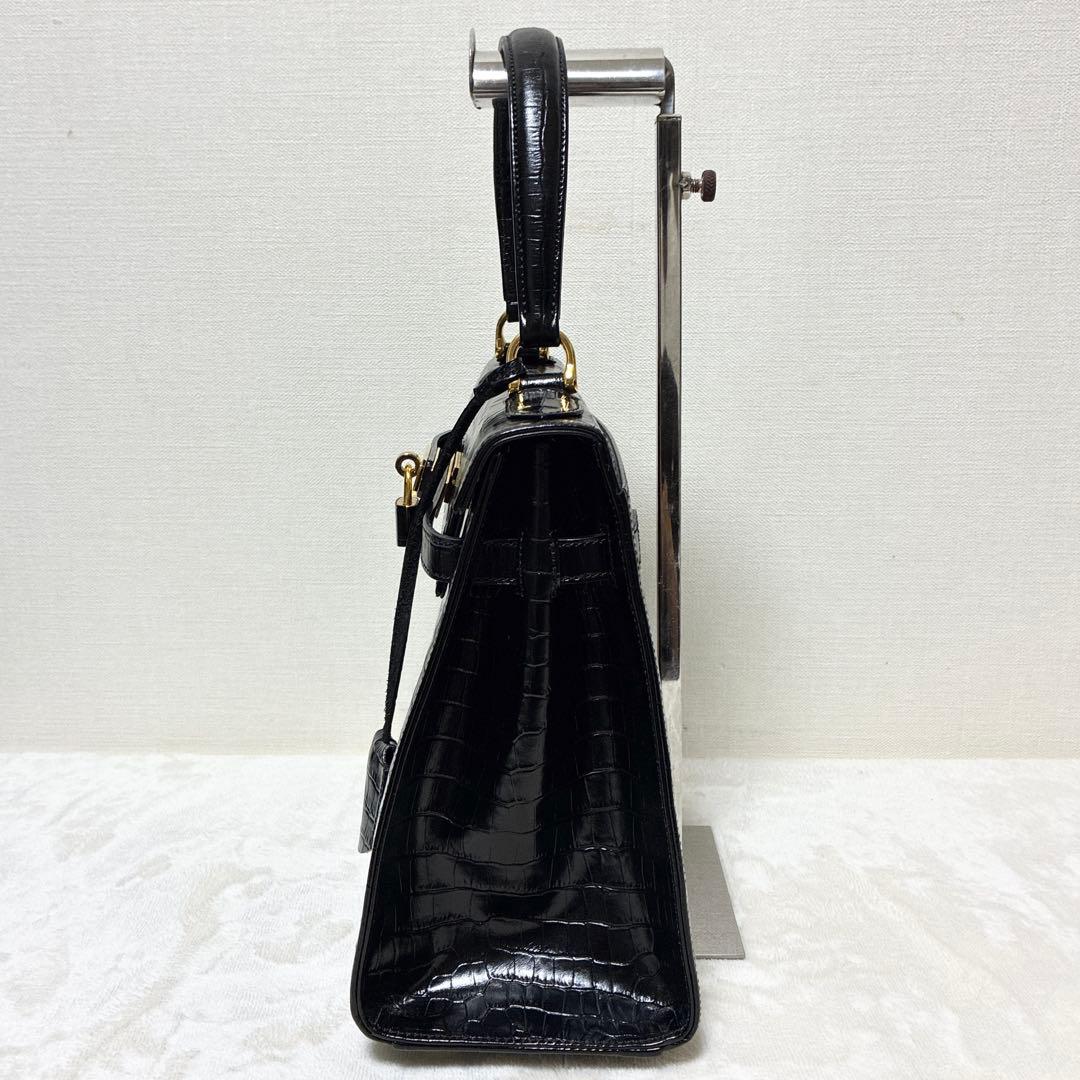 美品 M&K TOKYO クロコダイル シャイニング センター ハンドバッグ 黒