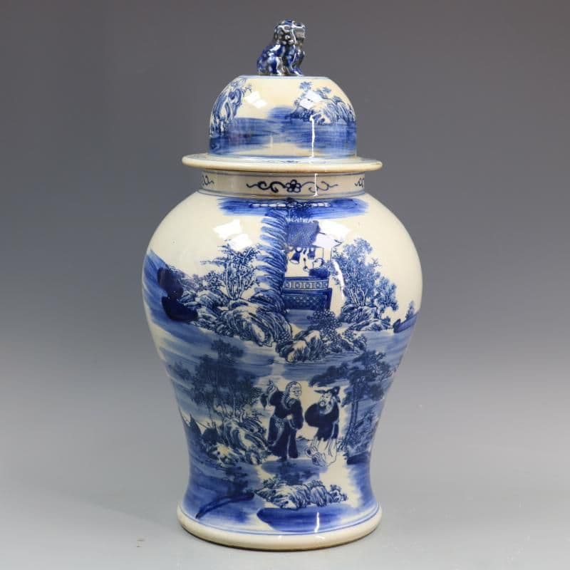 清康熙鯖山水人物獅子頭将軍缶 景徳鎮 陶磁器 装飾品 現代工芸品 美術品 置物