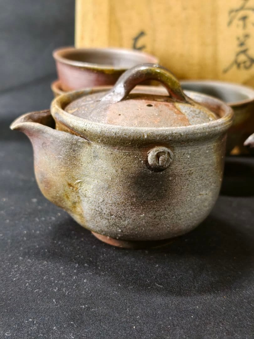 煎茶道具 備前焼窯変宝瓶急須 湯冷まし 湯呑み 共箱 東山作 火襷 胡麻 未使用