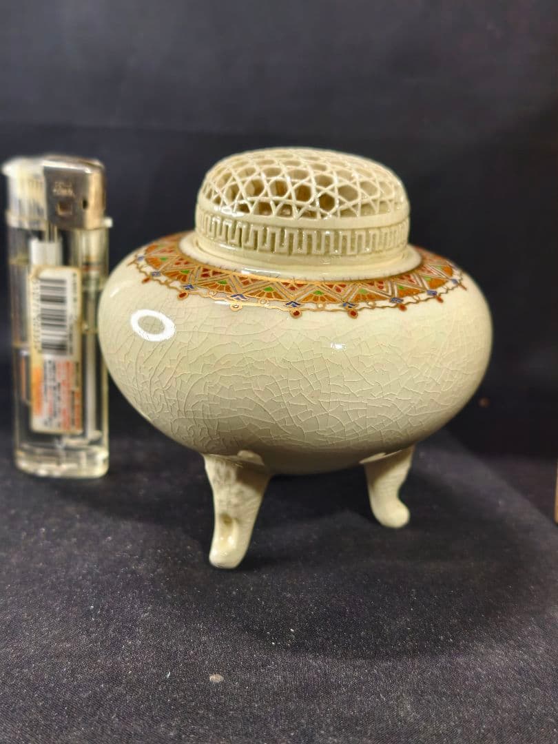 茶道具 薩摩焼香炉 錦江陶芸 仁楓 白薩摩 共箱 骨董 未使用美品 香道具