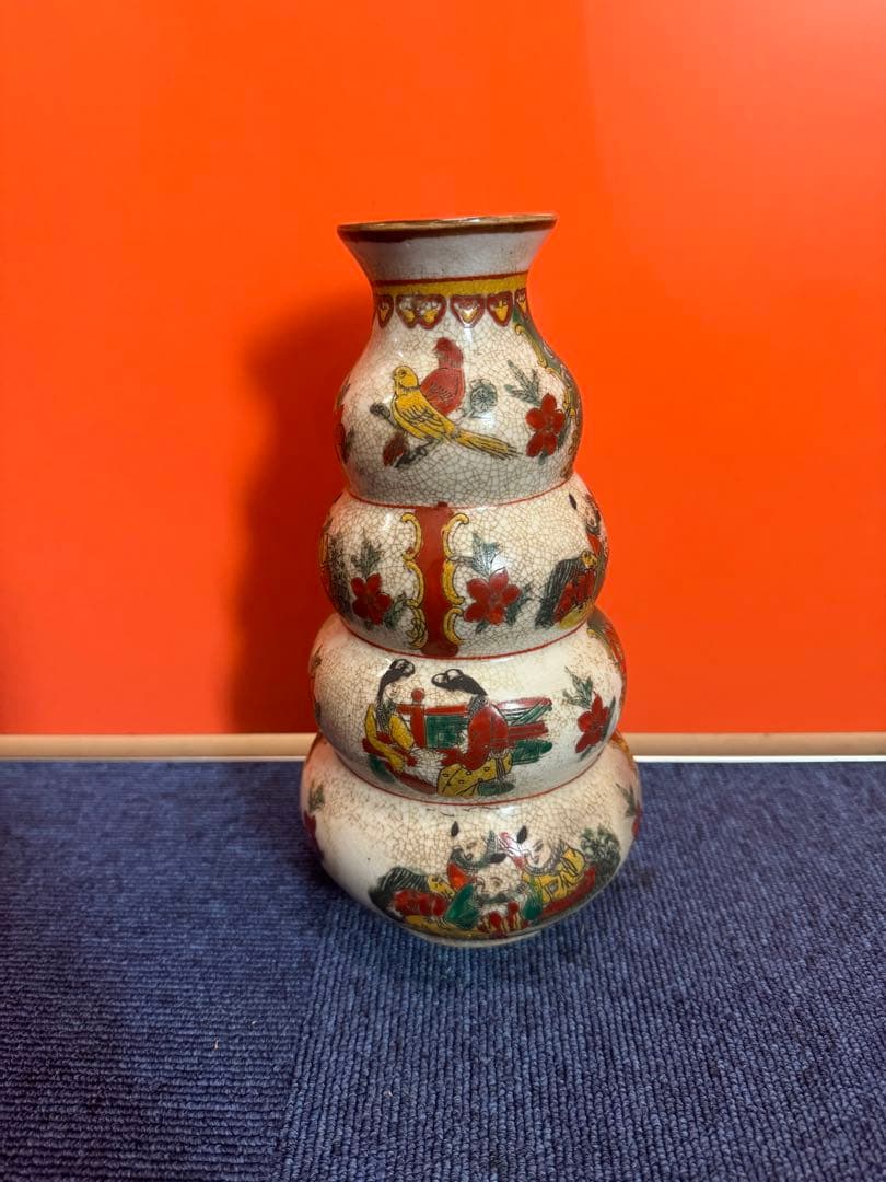 1597 中国骨董　瓢箪型色絵花鳥人物　花瓶