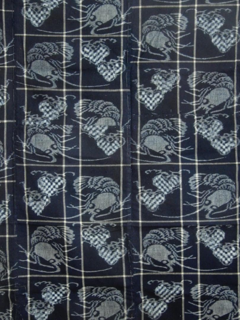木綿・明治期・松に海老・山陰絣・4巾・たてよこ絣織・手織藍染品