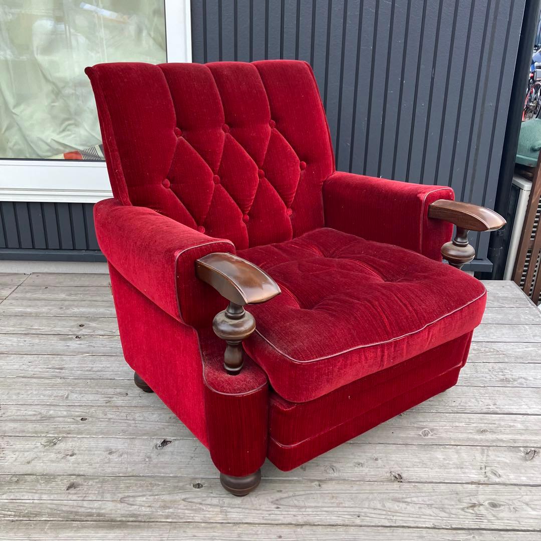 ① 昭和レトロ 古家具 一人掛けベロアソファー アームチェア ヴィンテージ 赤