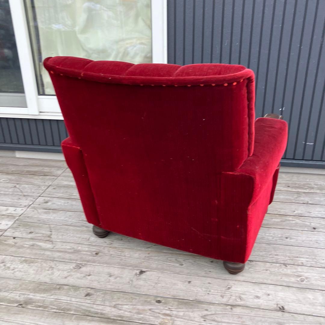 ① 昭和レトロ 古家具 一人掛けベロアソファー アームチェア ヴィンテージ 赤