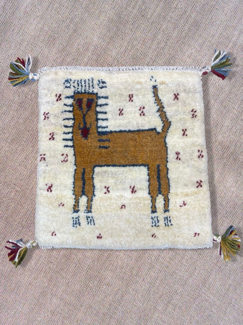 ギャッベ　ライオン　椅子用マット　座布団　40x40 ペルシャ　本物　手織り