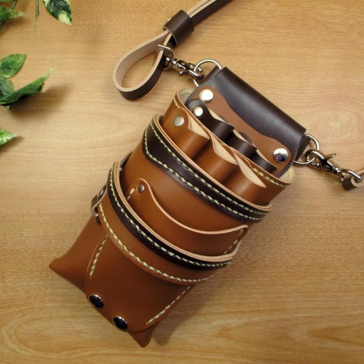 キャメル＆焦げ茶　６丁　革ベルト付き　本革シザーケース　SCL-154/CCA