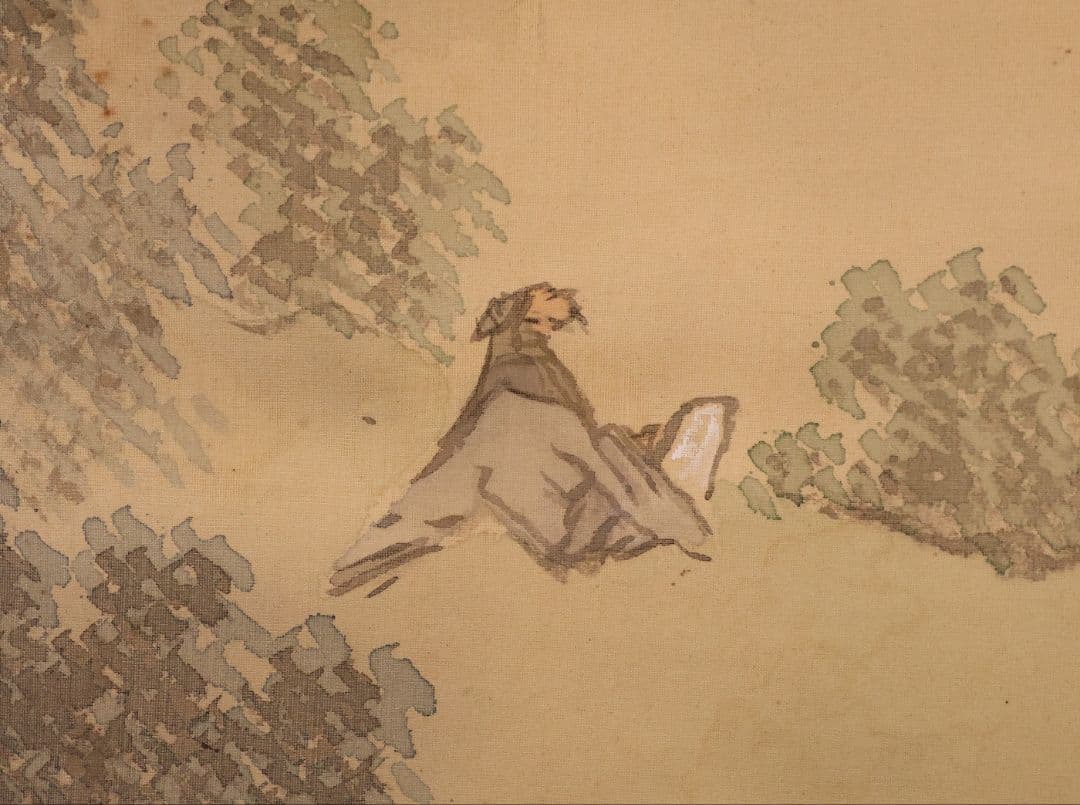 【模写】松雲山人 飛瀑図 滝 人物 山水 絹本 掛軸 彩色 MB130