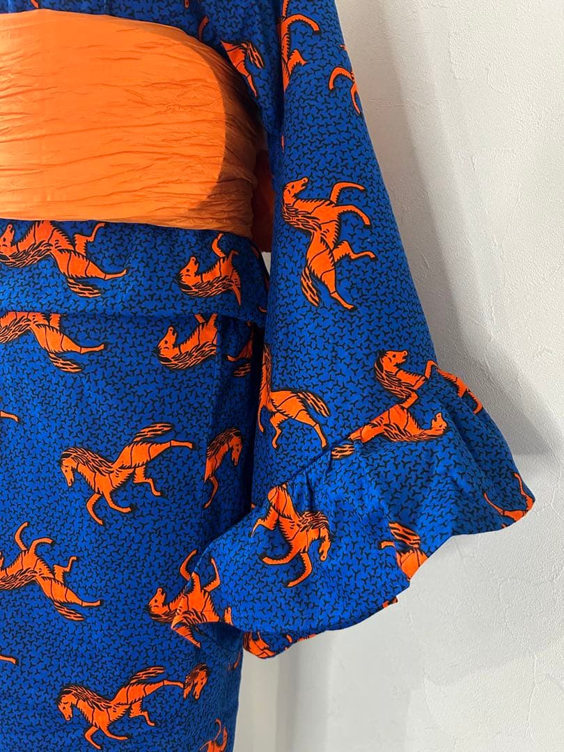 アフリカ布 浴衣 レディース フリル 着物 ハンドメイド 1点もの 馬柄 青