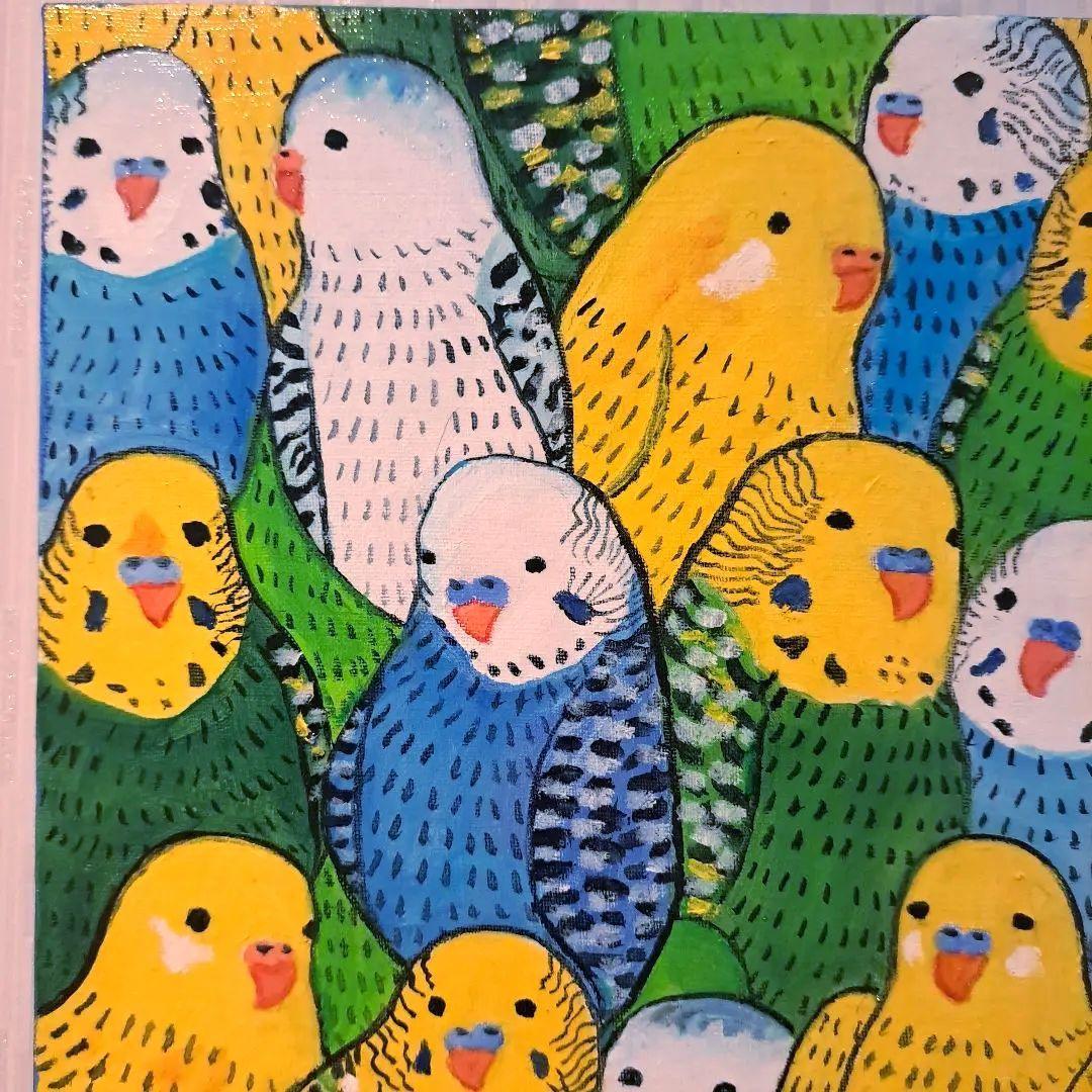 キャンバス油絵　専用　仲良く集まるカラフルかわいいインコたち