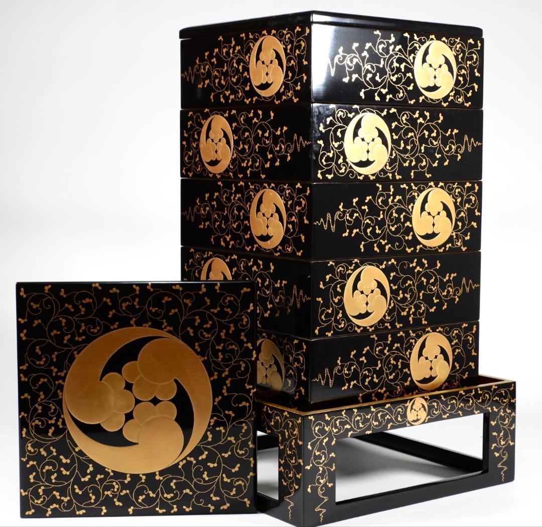 茶道具 輪島塗 上等黒内梨地金蒔絵 五段重 重箱