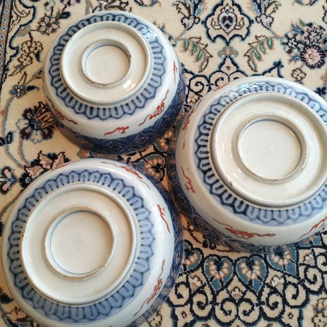 時代 色絵 三組 鉢 骨董 江戸 アンティーク 雪輪 古伊万里 大聖寺伊万里