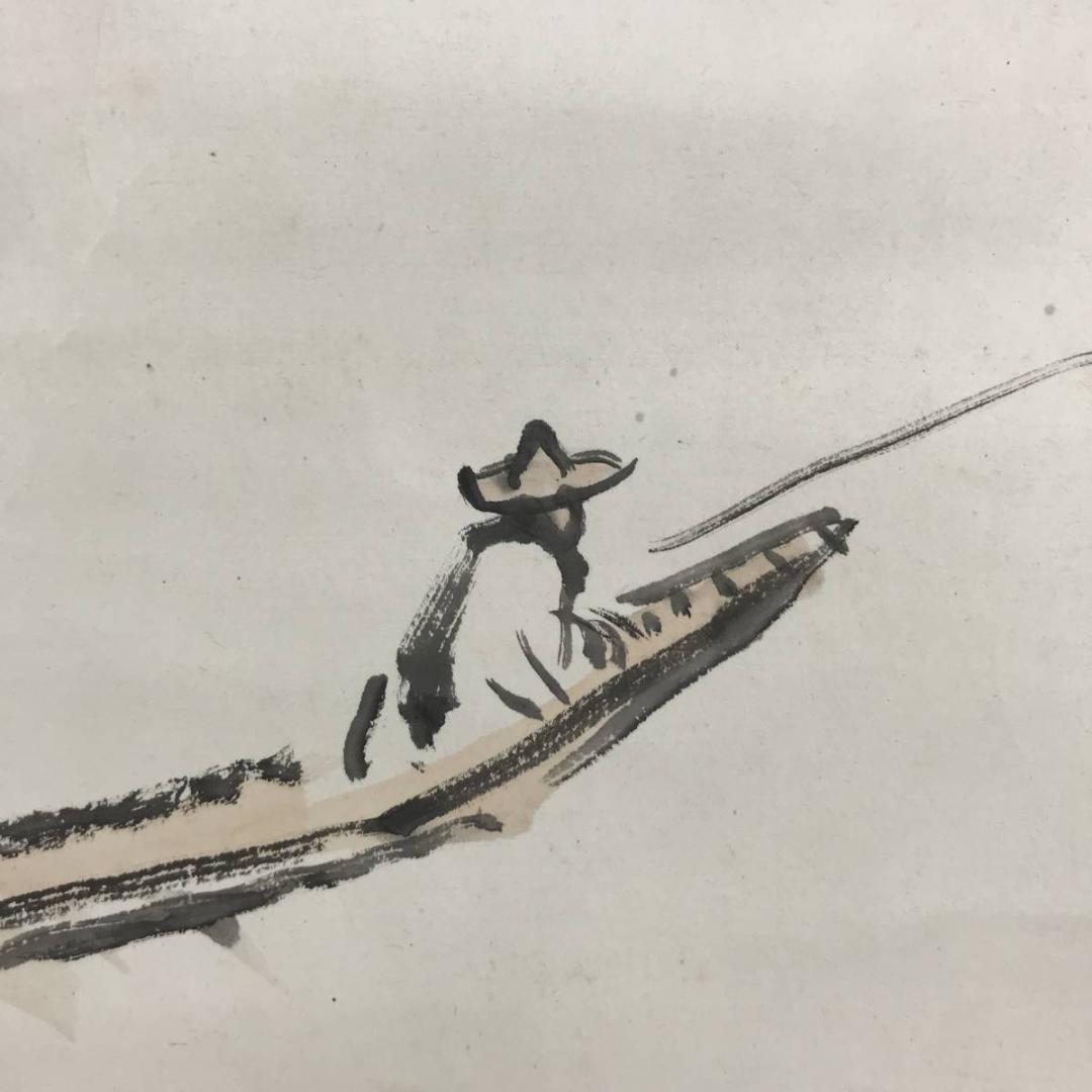 【真作】小室翠雲/秋江獨釣図/山水図/釣舟図/横物/掛軸/名家伝来/AD-281