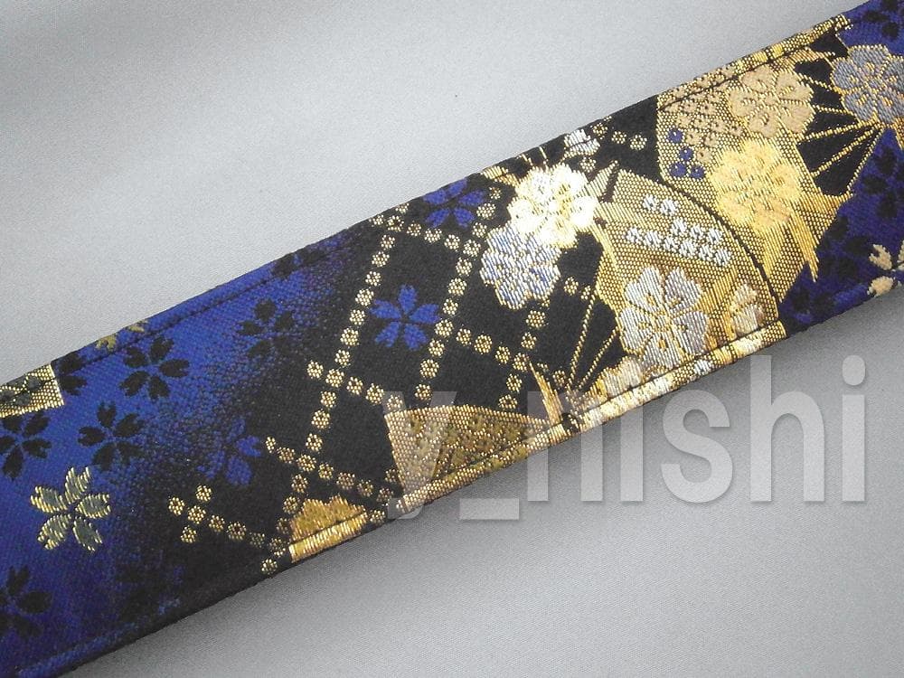 和柄ギターストラップ 扇柄 / 青-黒 京都 西陣織 金襴生地使用 新品