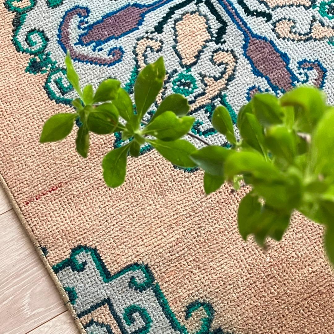 コーラルベージュ77×202グリーン　メダリオンランナー　トルコヴィンテージラグ