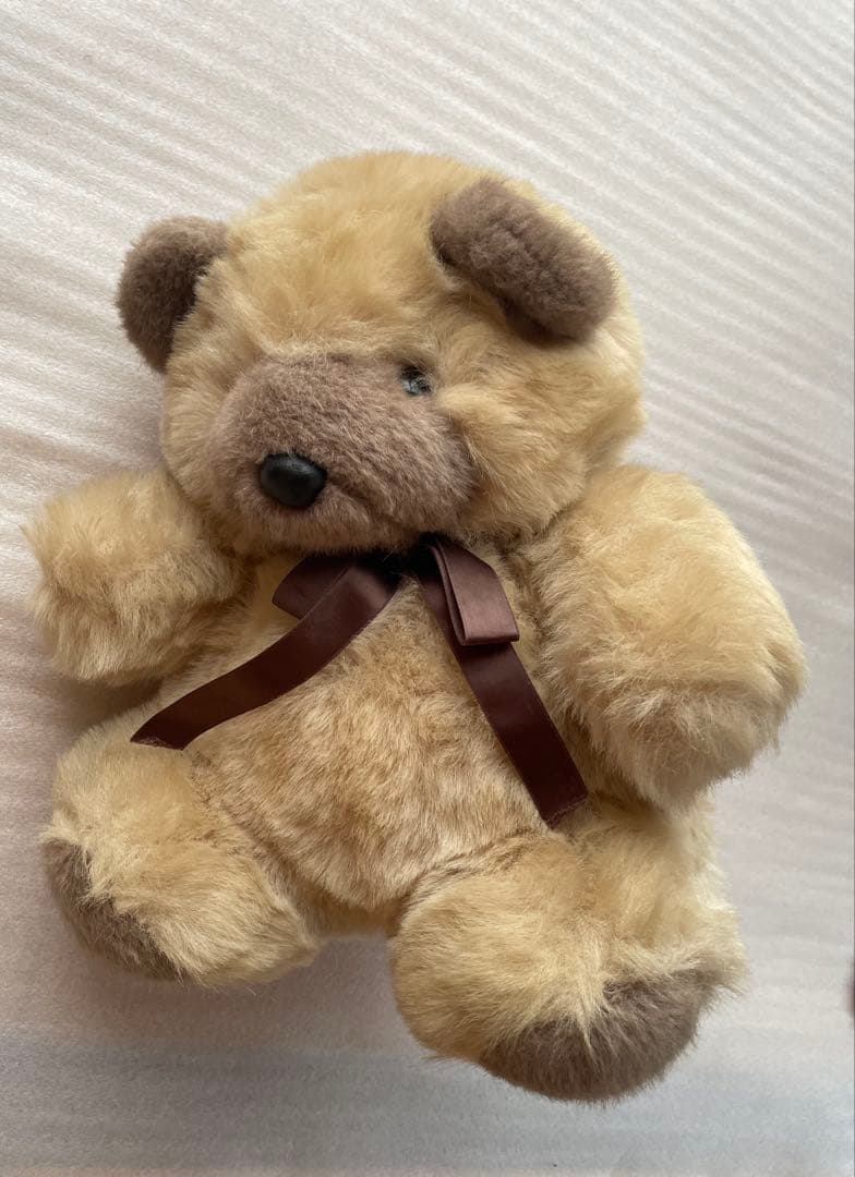 希少★昭和ベージュのリボン付きクマのぬいぐるみ