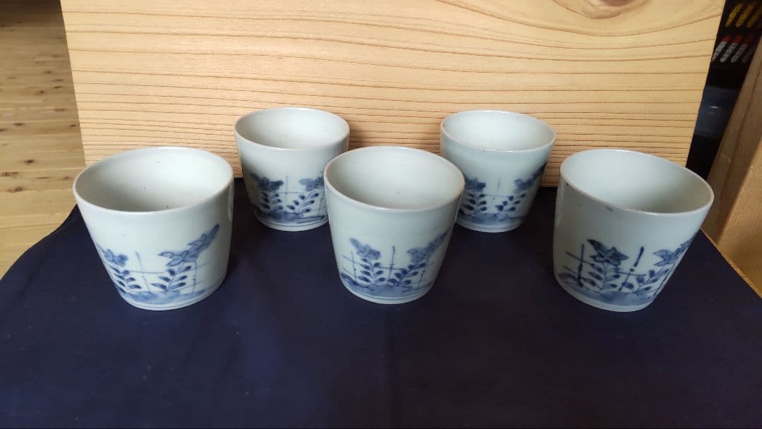 古伊万里 竹垣に桔梗と撫子 蕎麦猪口 五客