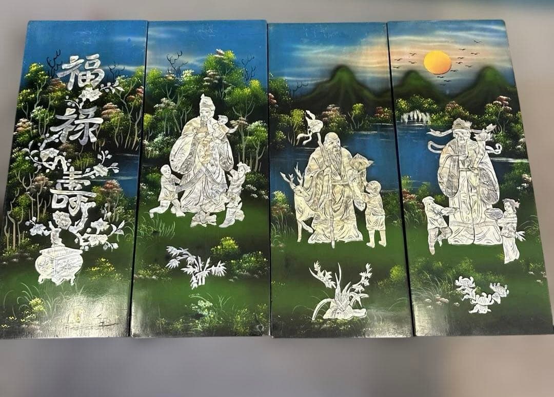 中国風 ，螺鈿細工，貝殻，四つのパネル，螺鈿細工，漆工，壁飾り，古美術品 ，漆芸