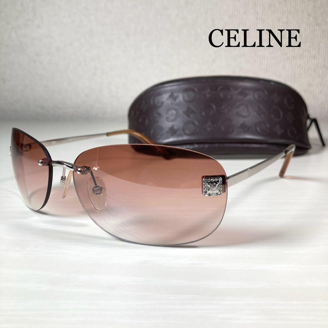 セリーヌ サングラス アイウェア リムレス ラインストーン 度なし ロゴ 茶