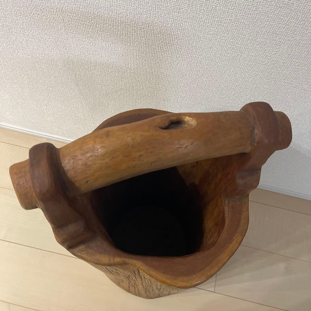 天然無垢材　古道具　レトロ　手桶型傘立て　花器　くり抜き 手桶型 置物 オブジェ