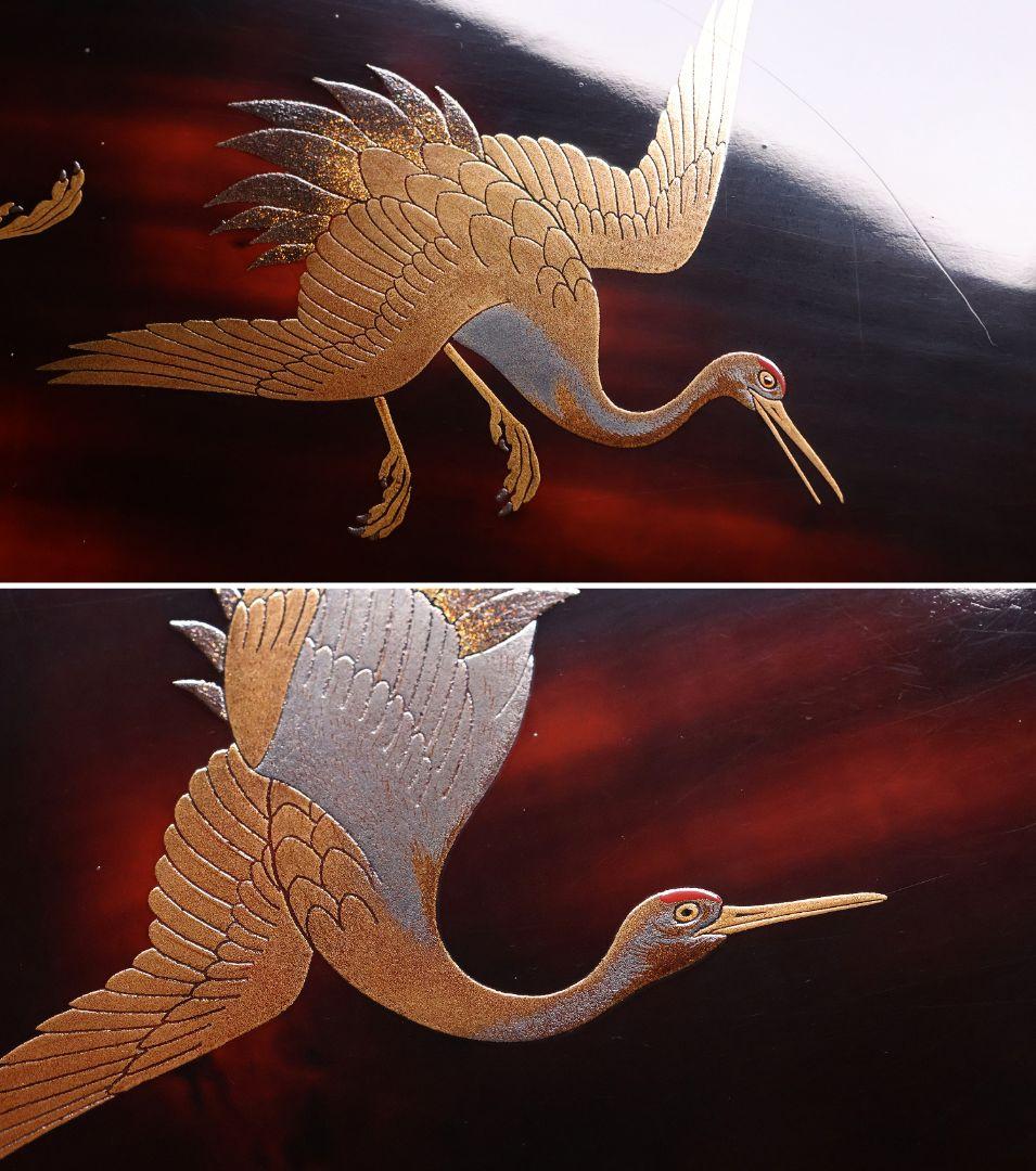 時代 漆芸 鶴図 金銀蒔絵 曙塗 八足 二段卓 木製 花台 銀露【MA661】