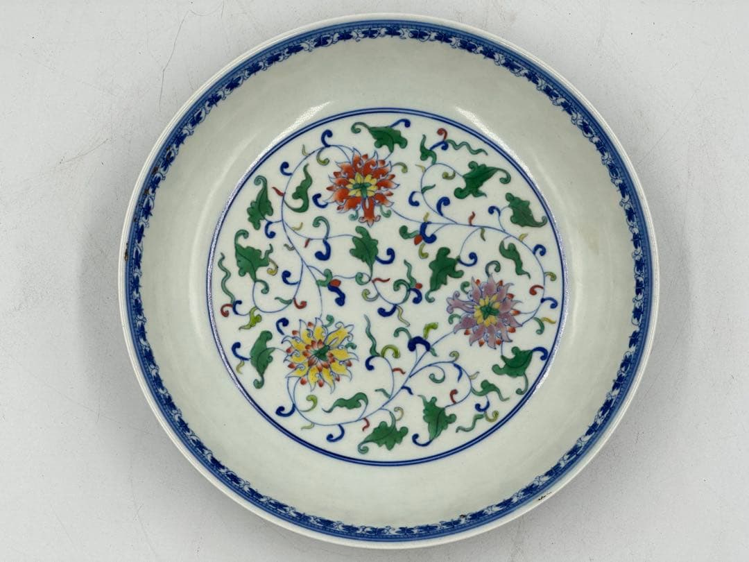 田中 野夫 清色絵皿 大清雍正年製 時代物 中國古美術 長 18cm