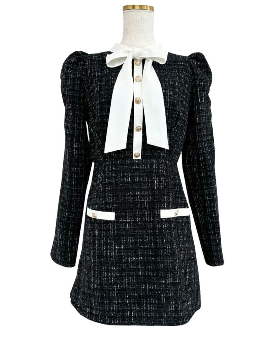 ワンピース ribbon tie tweed mini onepiece M