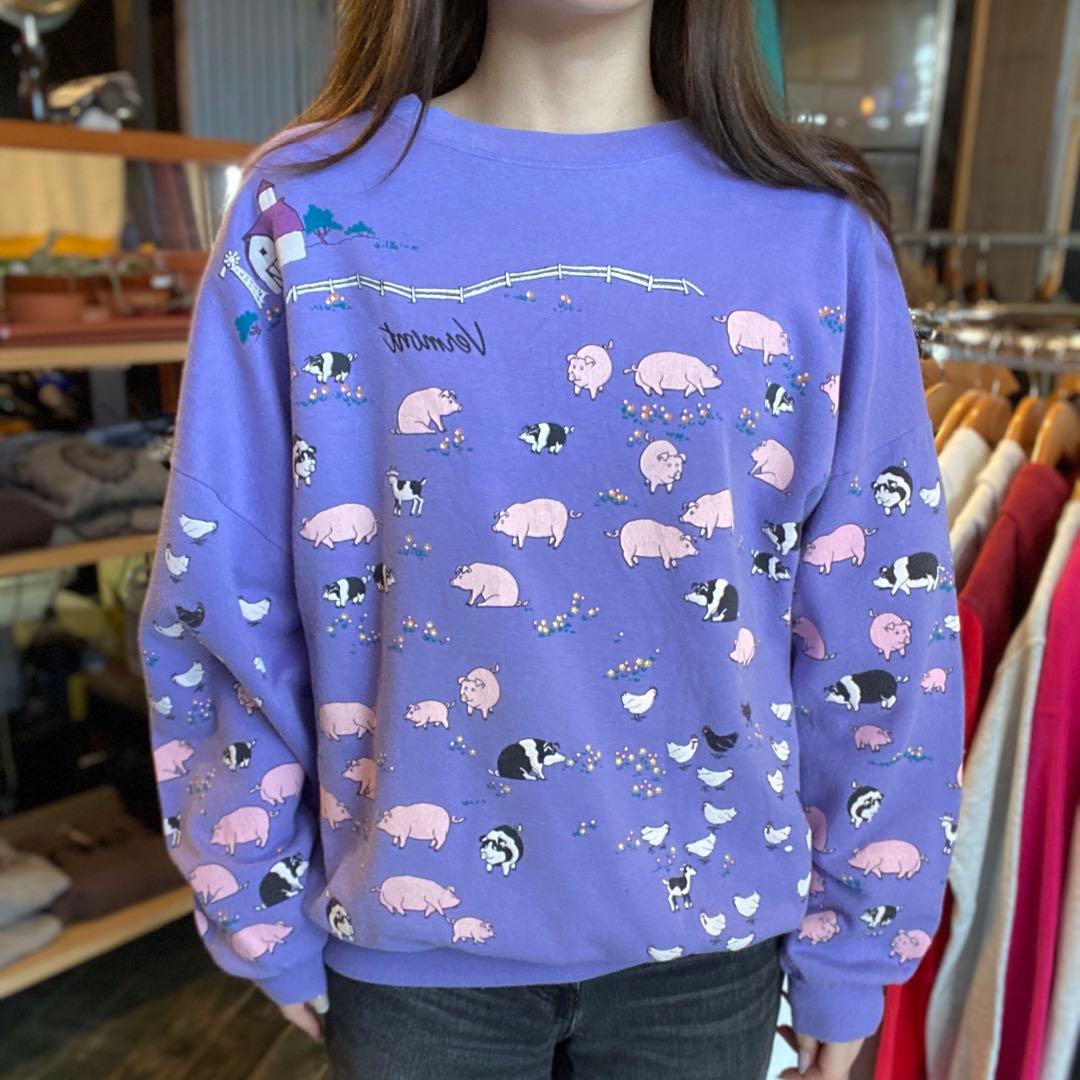 ちびとら様　80’s USA製 牧場柄 総柄スウェット 動物柄 豚 鶏
