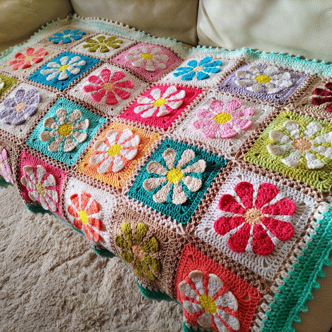 手編みブランケット★レトロデイジーフラワー★かぎ針編み★カラフル★お花モチーフ