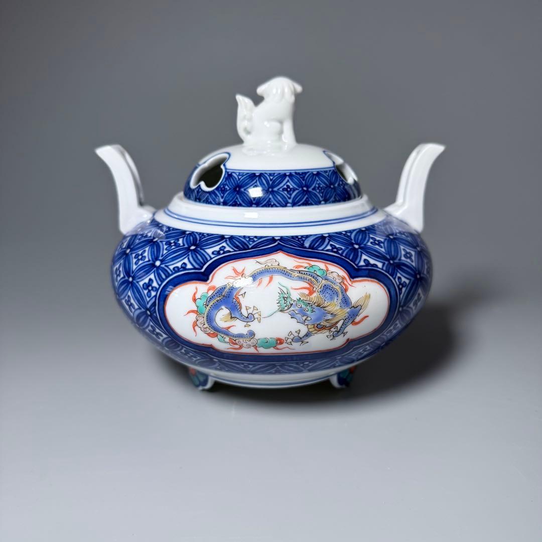 人間国宝　十三代　酒井田柿右衛門　染錦龍地文　七宝文　香炉　共箱　高級ライン