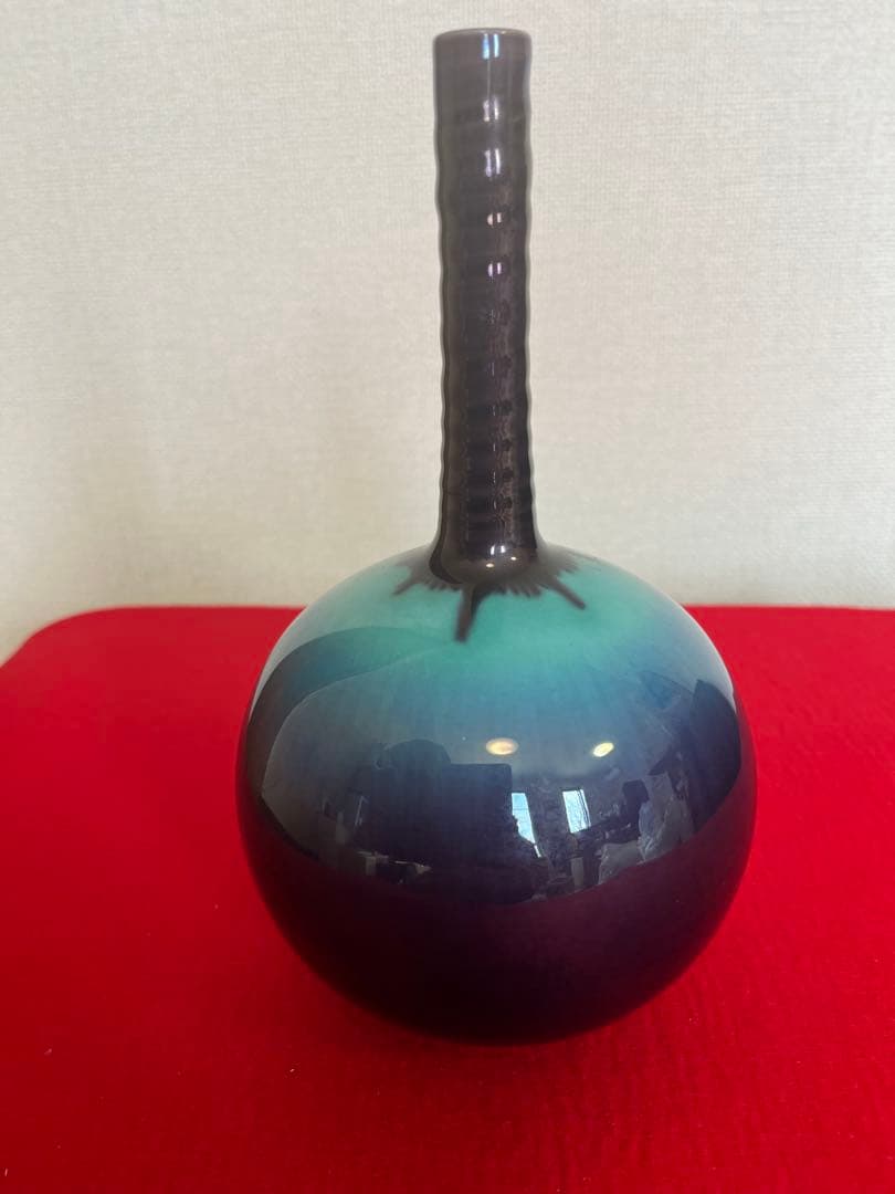 人間国宝  九谷焼  徳田八十吉（正彦銘） 彩釉 花入 T305 鶴首 花瓶