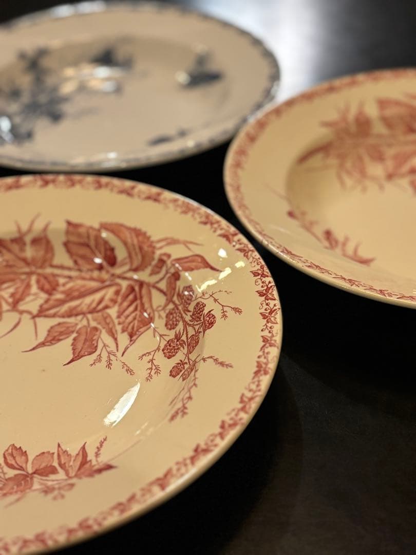 フランスアンティークプレート　3枚セット ラズベリー赤2枚・ラズベリーと蝶青1枚