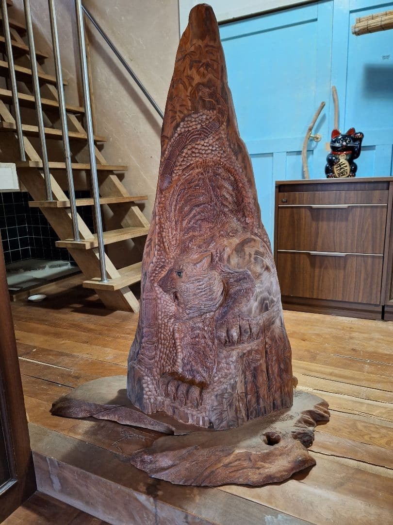 天然木　一刀彫り　衝立　虎 竹藪　杉　高さ122cm