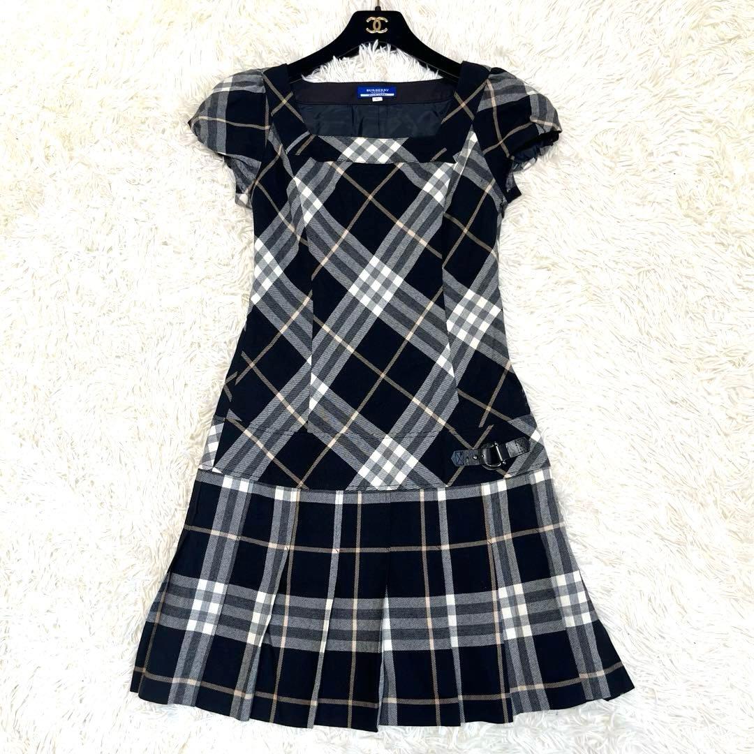 バーバリーブルーレーベル　プリーツワンピース 36 ノバチェック　パフスリーブ