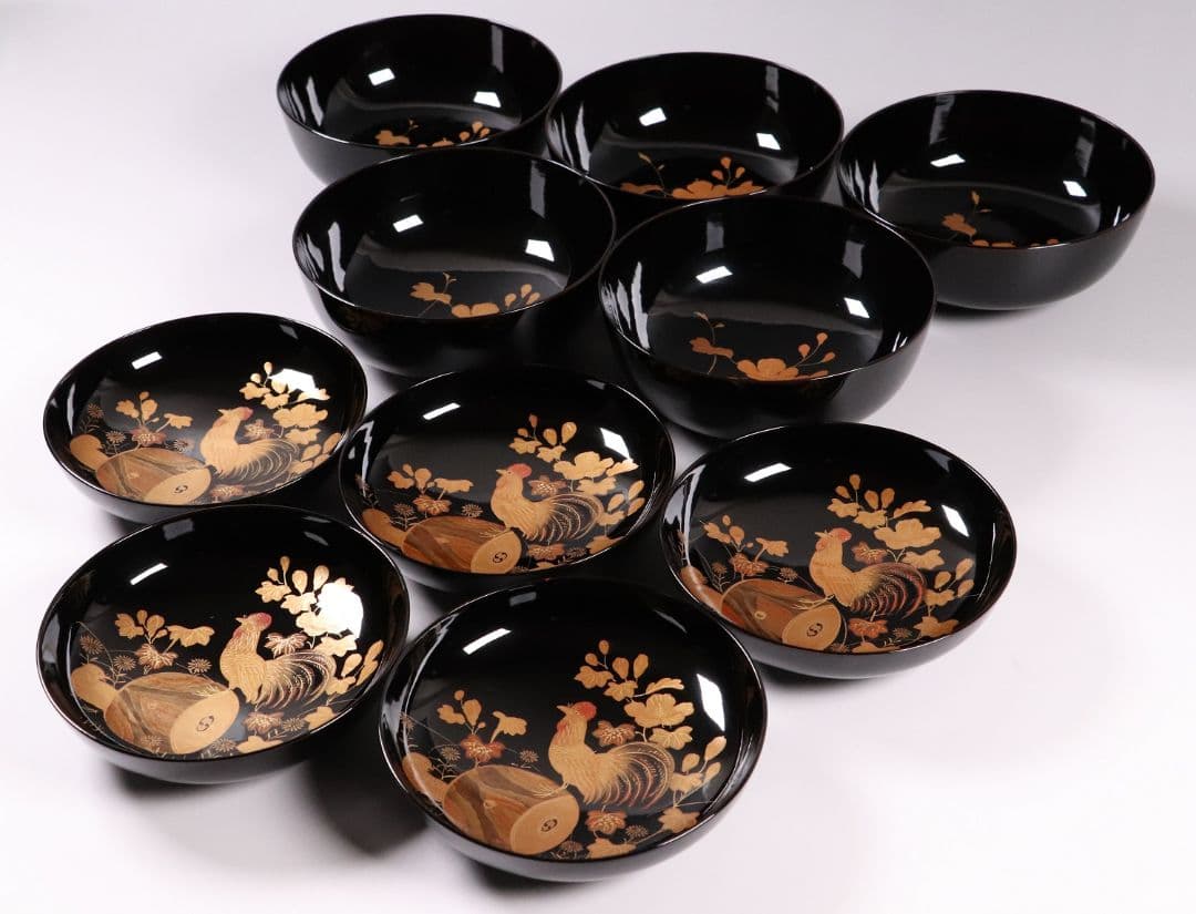 CL37 輪島塗 諫鼓鶏金蒔絵 黒塗椀 五客 木製漆器 鶏 太鼓 草花