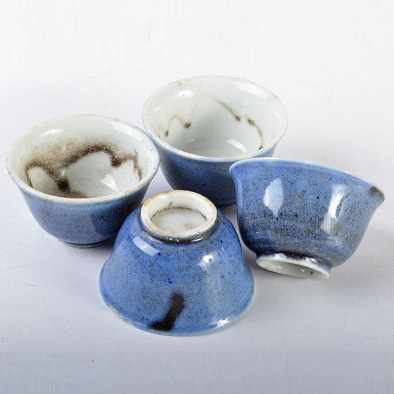 中国　藍釉吹墨　煎茶碗　四客　時代箱付　M　R4521