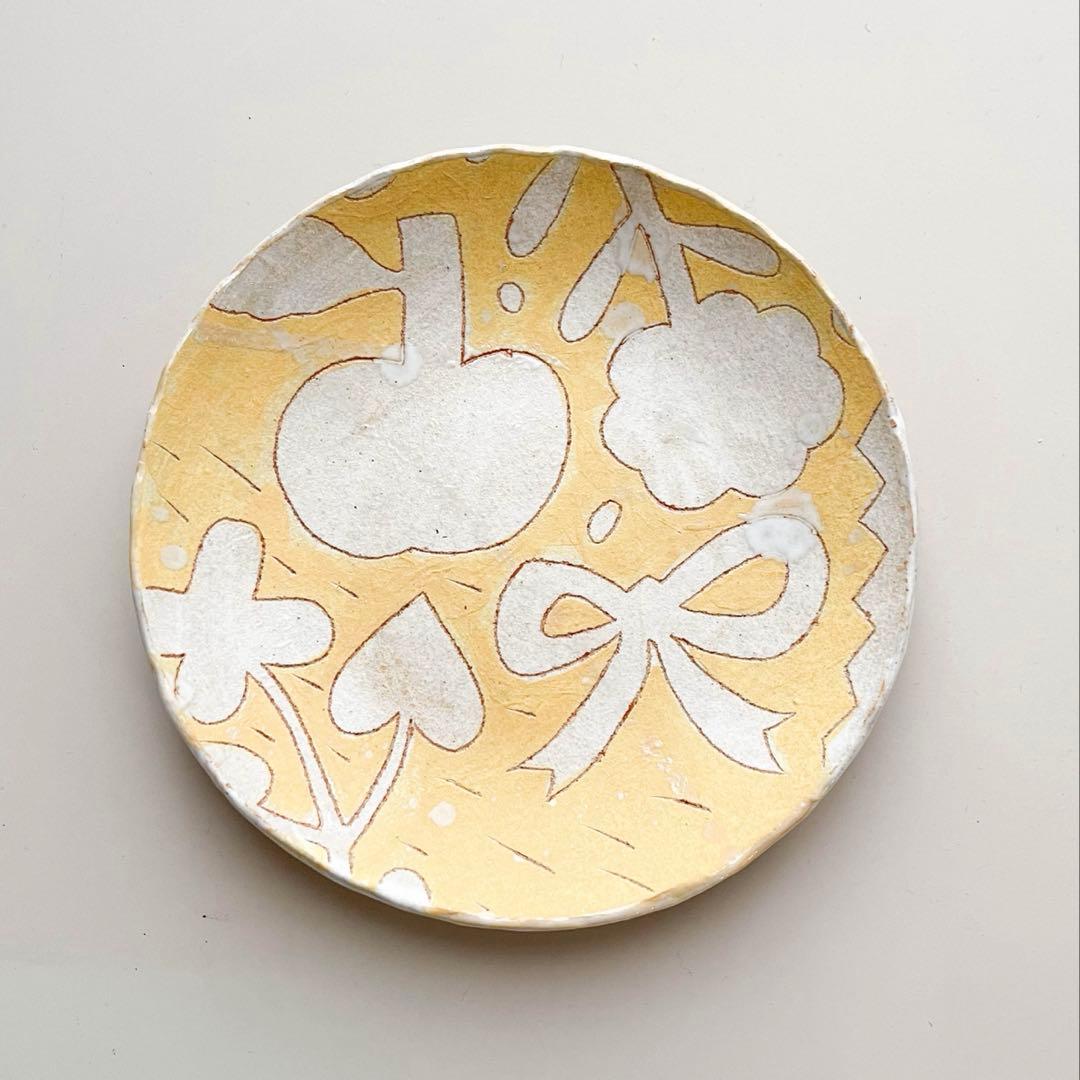 未使用【鹿児島睦】りんごと花 リボン プレート 黄 16.5cm｜限定・個展作品