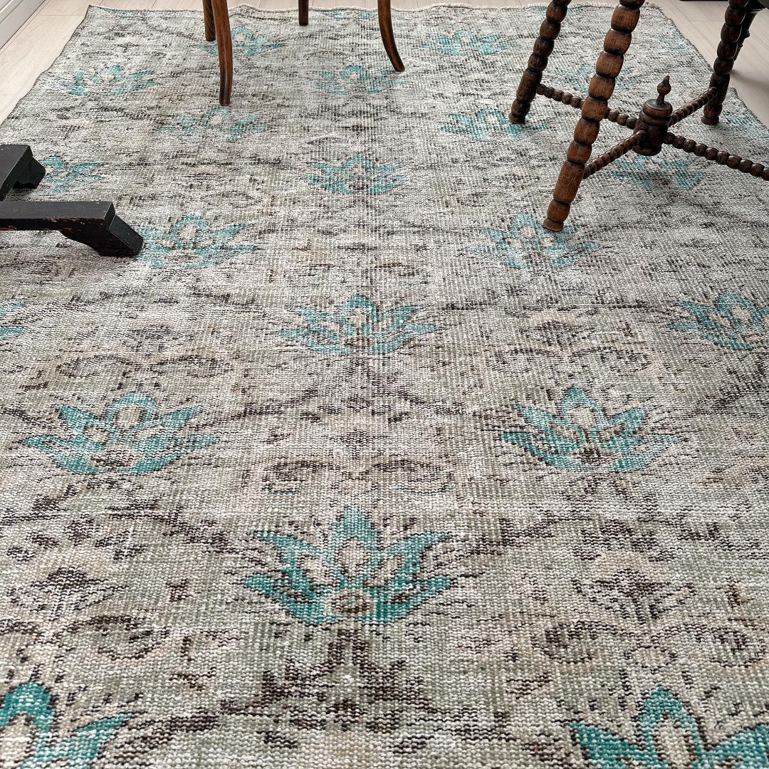 トルコ ヴィンテージラグA106 大判 レア セージグリーン ターコイズブルー